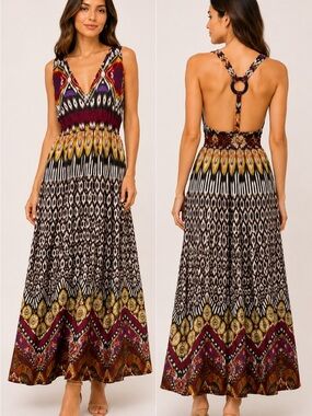 Backless Ikat Maxi Dress in Burgundy & Black